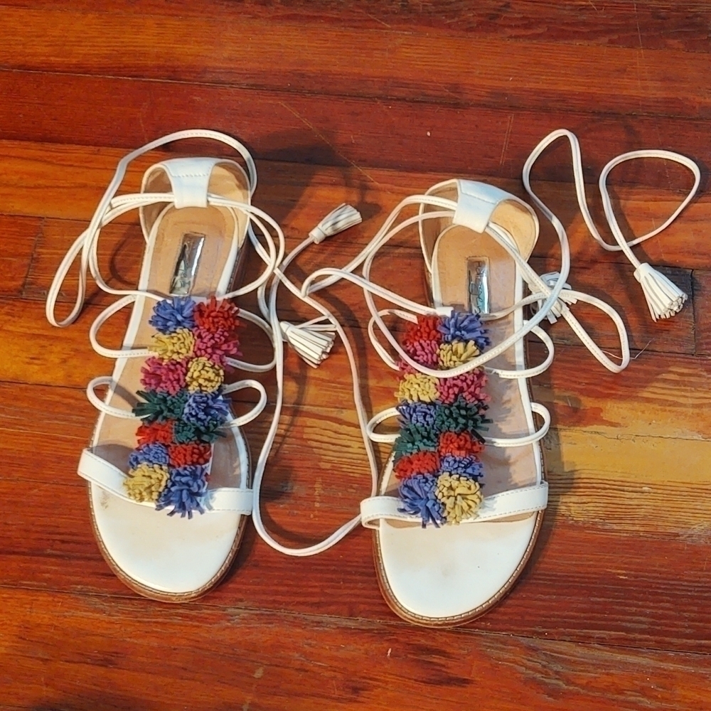 Halogen Lace Up Strappy Rainbow Pom-Poms Sandals Sz 8.5